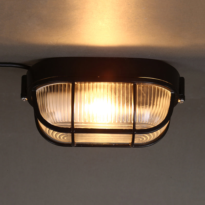 1 Bulb Half-Capsule Mini Flush Light Farmhouse Black Ribbed Glass Ceiling Lamp with Wire Cage
