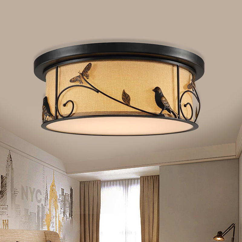 Drum Fabric Ceiling Flush Mount Cottage Bedroom LED Flushmount Lighting with Pastoral Scene Decor in Black