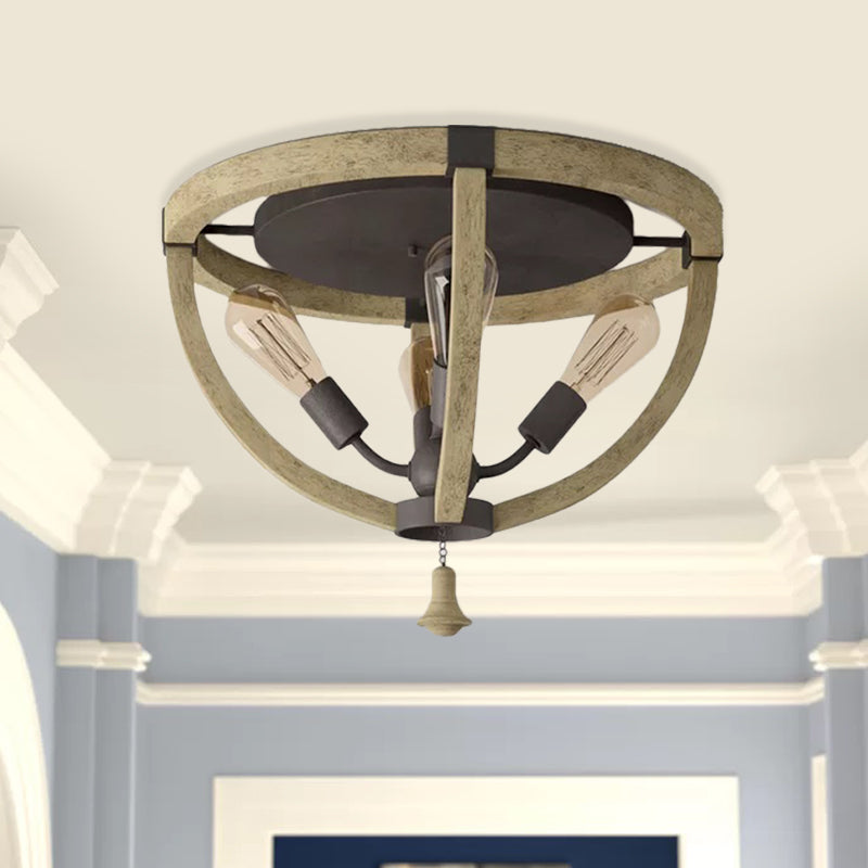Wood Khaki Semi Mount Lighting Dome Frame 4-Bulb Warehouse Style Ceiling Flush Light