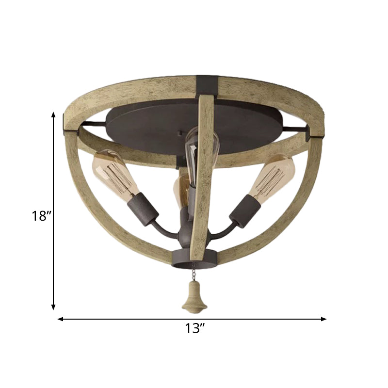 Wood Khaki Semi Mount Lighting Dome Frame 4-Bulb Warehouse Style Ceiling Flush Light