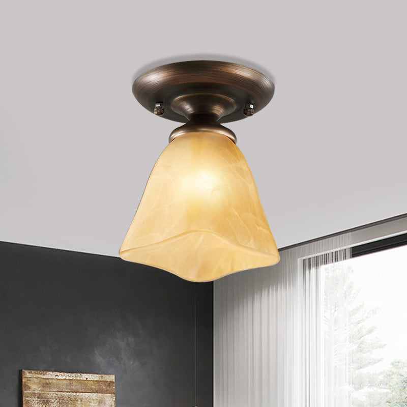 Cloud Effect Glass Tan Flushmount Cowbell Shaped 1-Light Rural Close to Ceiling Lighting for Stairs