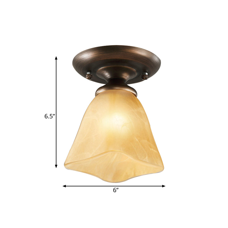 Cloud Effect Glass Tan Flushmount Cowbell Shaped 1-Light Rural Close to Ceiling Lighting for Stairs