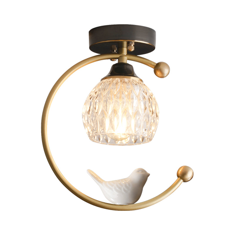 Domina de vidrio con textura Semi Flush Mount Farm 1 Cabeza de comedor Lámpara de techo con latón C Brazo y decoración de pájaros