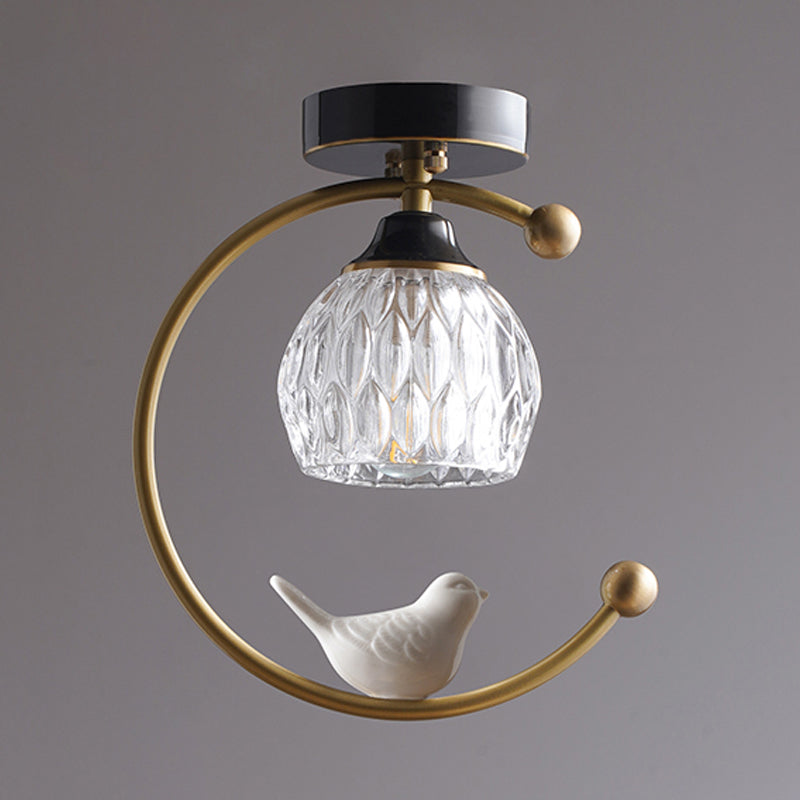 Domina de vidrio con textura Semi Flush Mount Farm 1 Cabeza de comedor Lámpara de techo con latón C Brazo y decoración de pájaros