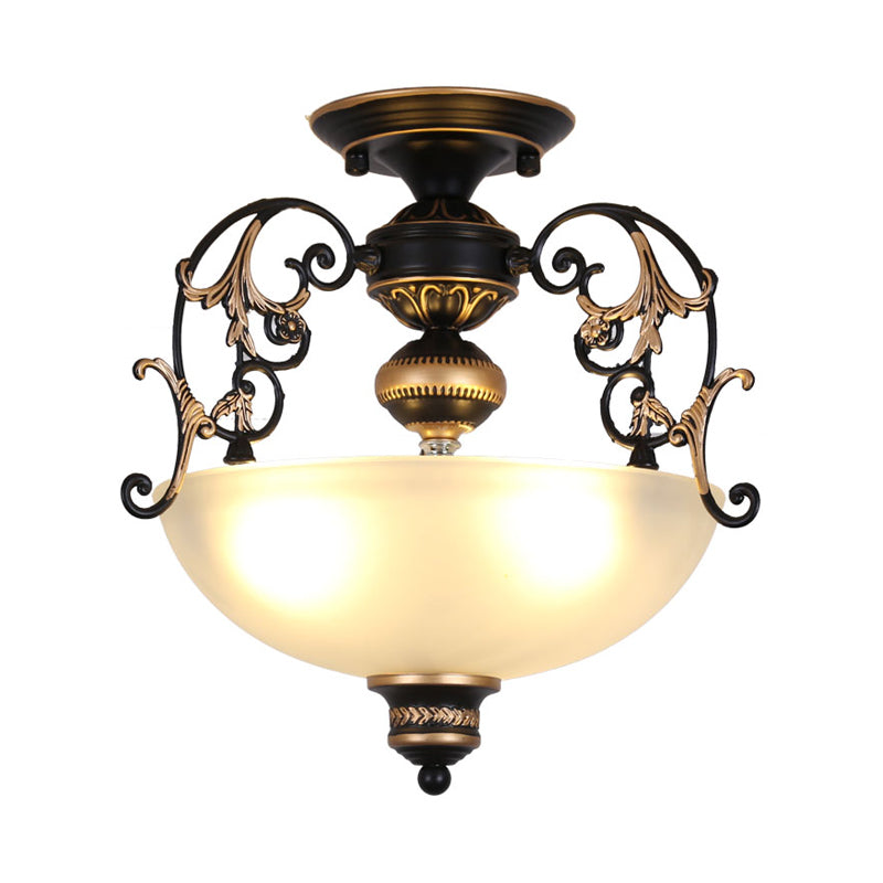Open-Top Bowl Pathway Ceiling Lamp Antique Opal Glass 3-Light Black Semi Mount Lighting with Swirled Arm