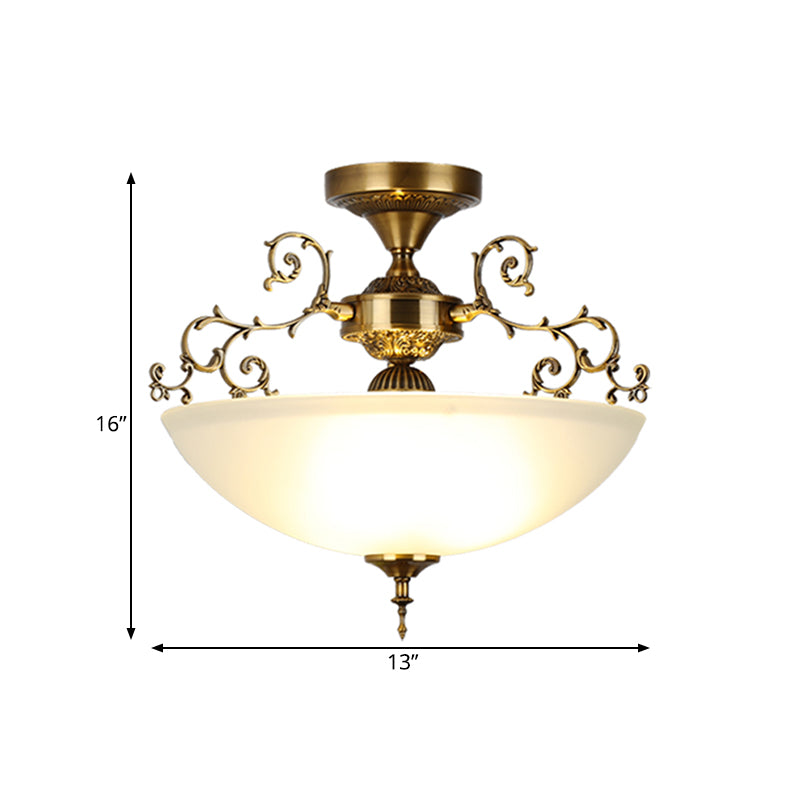 3 Lights Wide Bowl Semi Flush Mount Traditional Gold Frosted Glass Close to Ceiling Lamp with Swirling Arm, 13"/17" Wide