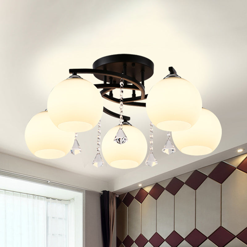 Black Finish Sphere Semi Flush Lamp Fixture Modernist Cream Glass 5 Bulbs Spiral Flush Mount Lighting