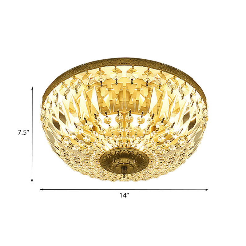 Modernism Dome Flush Light Clear Crystal Strand 4-Head Living Room Ceiling Lamp Fixture in Brass