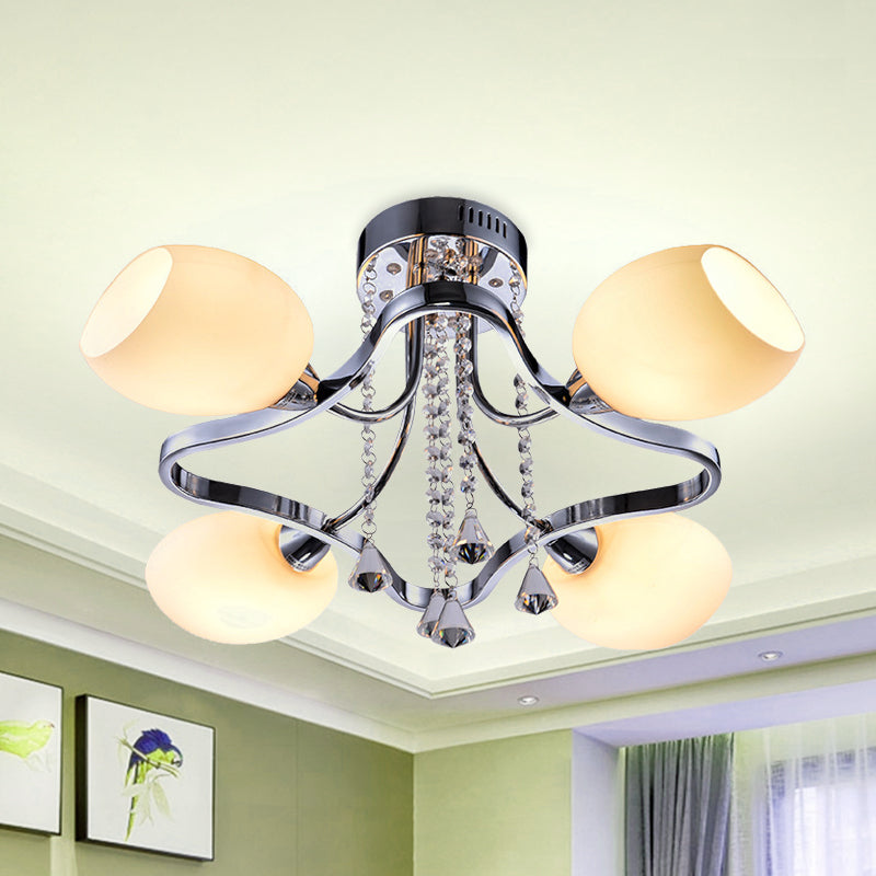 Dome chambre semi-flush plafond clair verre blanc 4 lumières modernisme lampe à chasse d'eau avec cadre de losange en chrome