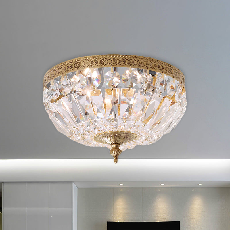 Post Modern Bowl-Shape Flush Lighting Beveled Crystal Strand 2 Bulbs Bedroom Ceiling Mounted Lamp in Brass