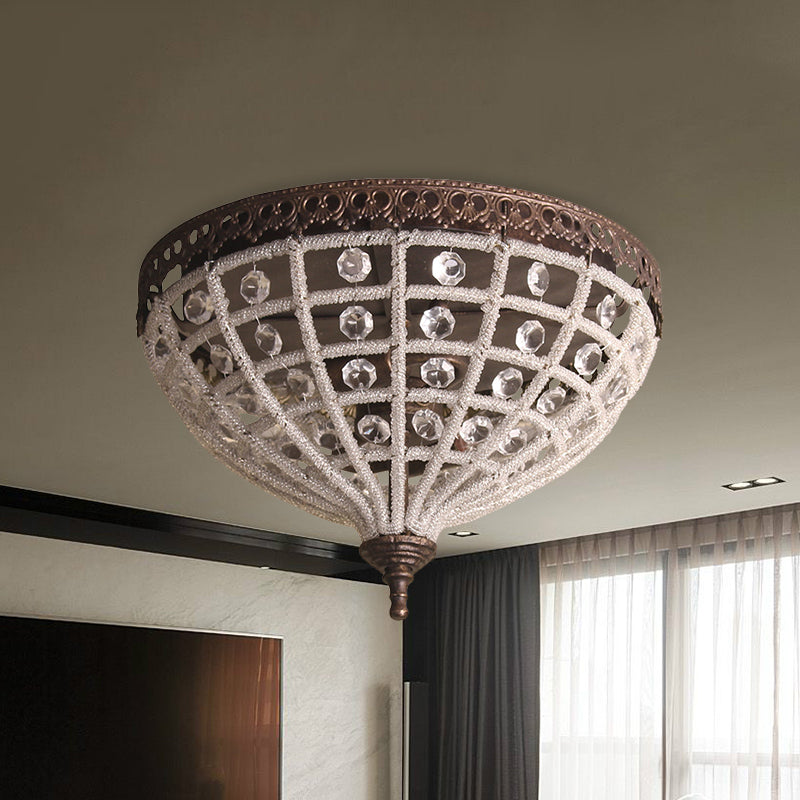 Bronze Domed Cage Flush Mount Lamp Antiqued 2-Light Crystal Bead Ceiling Light Fixture