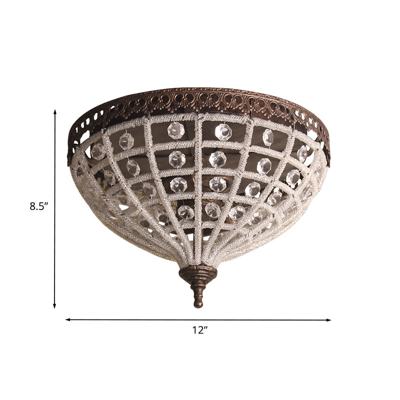 Bronze Domed Cage Flush Mount Lamp Antiqued 2-Light Crystal Bead Ceiling Light Fixture