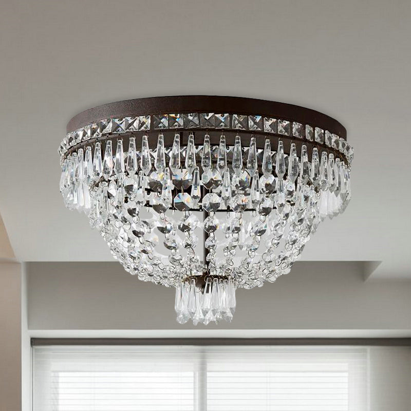 Crystal Strand Basket Flushmount Lighting Traditional 3-Head Bedroom Ceiling Lamp Fixture in Black