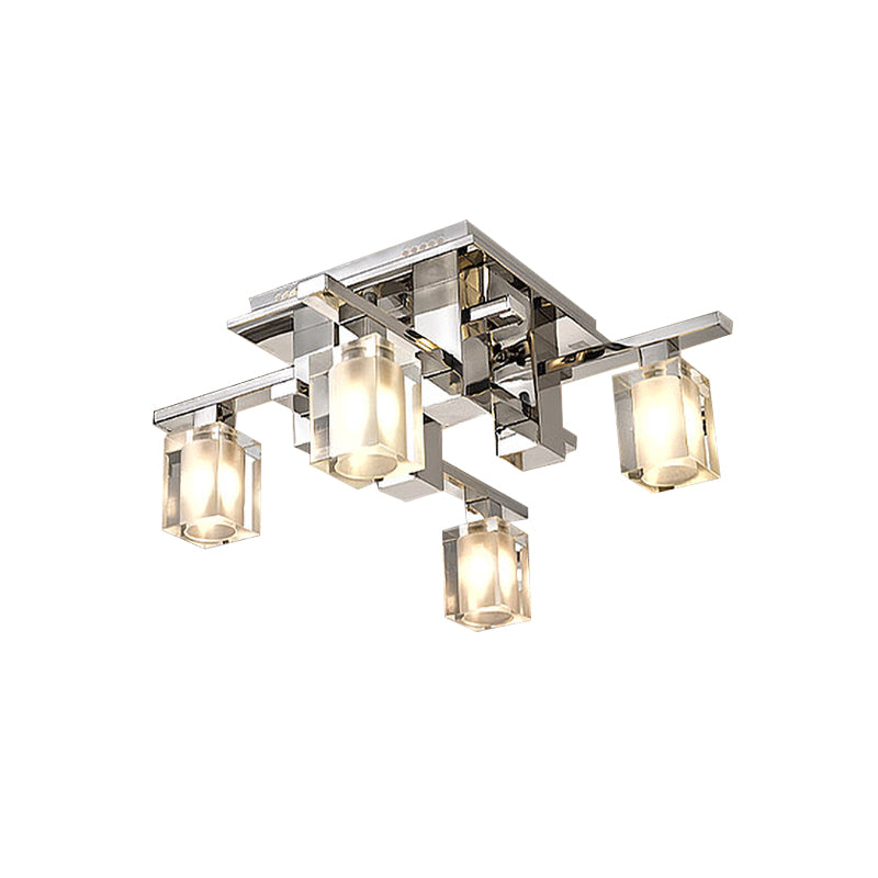 Cuboid Semi Flush Light Fixture Modernist Clear Glass 4 Heads Chrome Finish Flush Ceiling Lamp