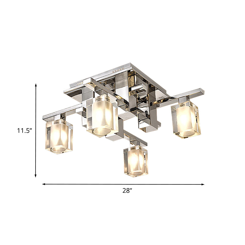 Cuboid Semi Flush Light Fixture Modernist Clear Glass 4 Heads Chrome Finish Flush Ceiling Lamp