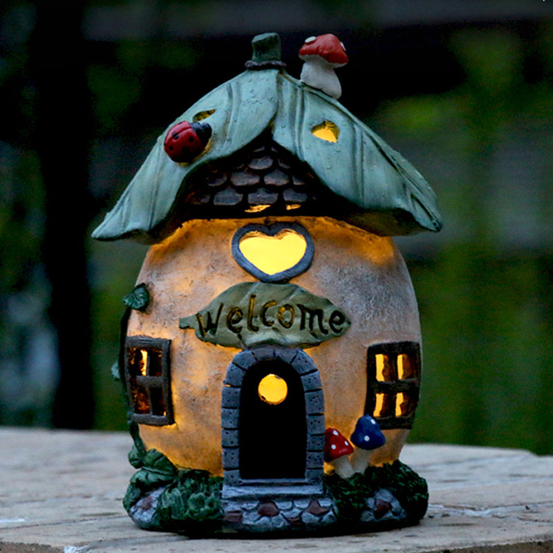 House Shaped Patio LED Ground Lighting Resin Cartoon Solar Operated Nightstand Lamp in Yellow/Green/Dark Yellow