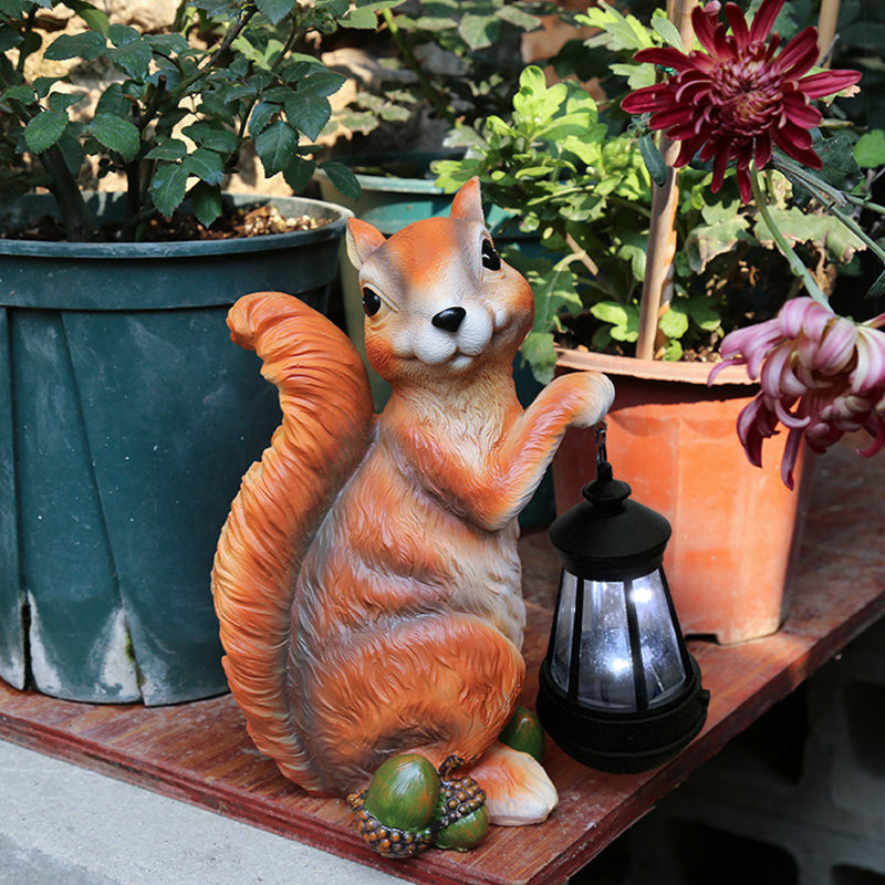 Squirrel Carrying Cone Lantern Path Light Cartoon Resin Orange/Grey Solar LED Ground Lamp for Garden