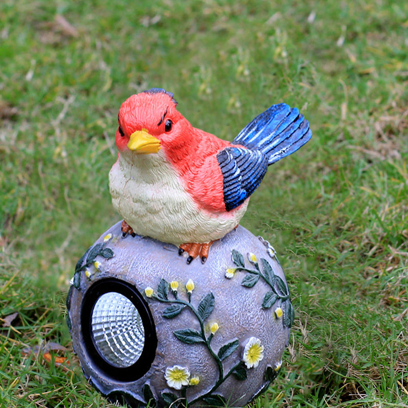Carved Ball Patio Solar-Power Night Lamp Resin Modern LED Ground Spotlight with Blue/Red Bird Decoration