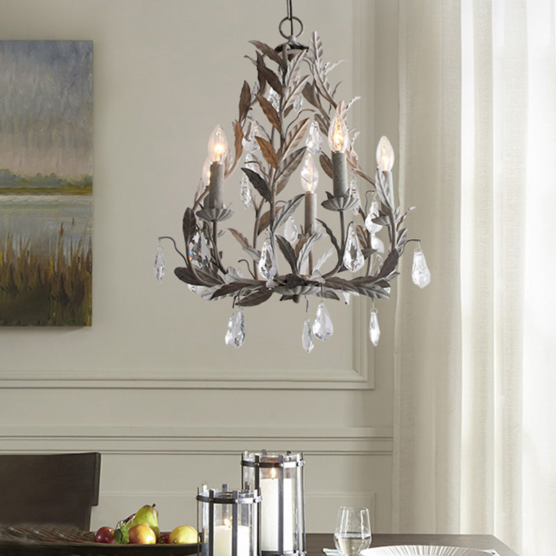 Bladhangende kroonluchter traditionele 5-bulb bungelende kristallen kralen gesuspendeerde verlichting in grijs/wit in grijs/wit