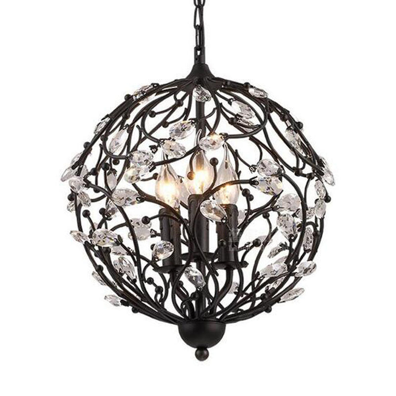 European Globe Hanging Chandelier 3-Head Beveled Glass Crystal Suspension Lamp in Black