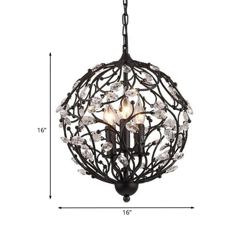 European Globe Hanging Chandelier 3-Head Beveled Glass Crystal Suspension Lamp in Black