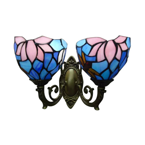 Living Room Lotus Wall Light Stained Glass 2 Bulbs Traditional Tiffany Wall Sconce in Blue and Pink
