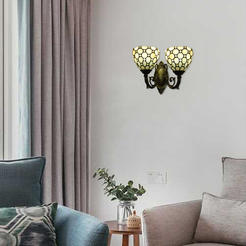 Restaurant Grid Shade Sconce Light Glass 2 Heads Tiffany Vintage Beige Wall Lamp in Beige