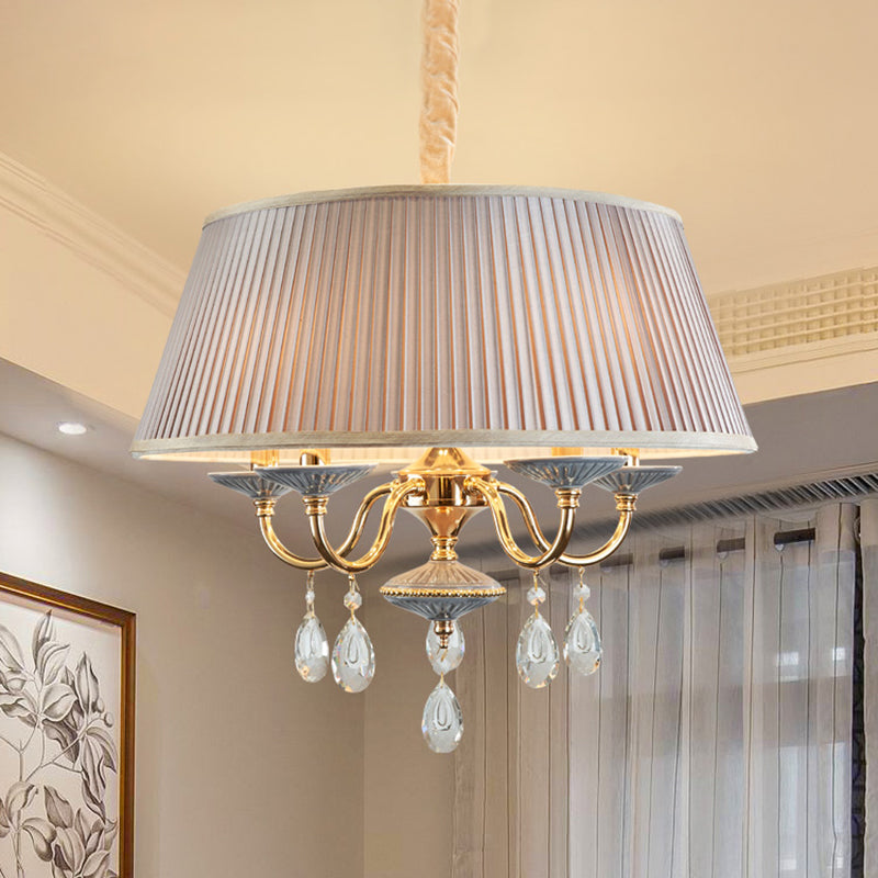 4 teste lampadario a sospensione in tessuto per tamburi minimalista in tessuto minimalista con goccia di cristallo in bianco/grigio