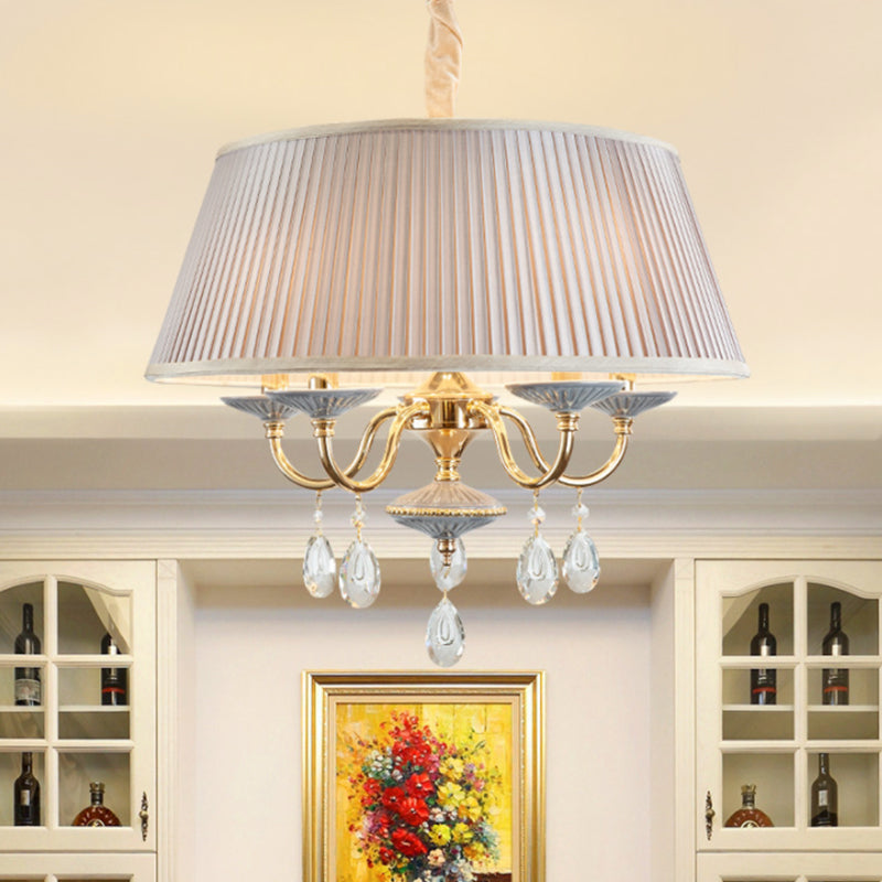 4 teste lampadario a sospensione in tessuto per tamburi minimalista in tessuto minimalista con goccia di cristallo in bianco/grigio