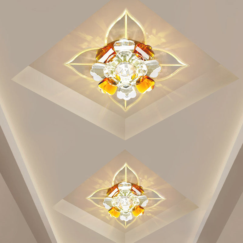 Flower Close to Ceiling Lamp Minimalist LED Tan Faceted Crystal Panel Flushmount Lighting