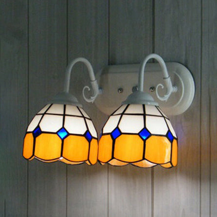 2 Heads Domed Wall Sconce Tiffany Stained Glass Wall Light in Yellow for Library Office
