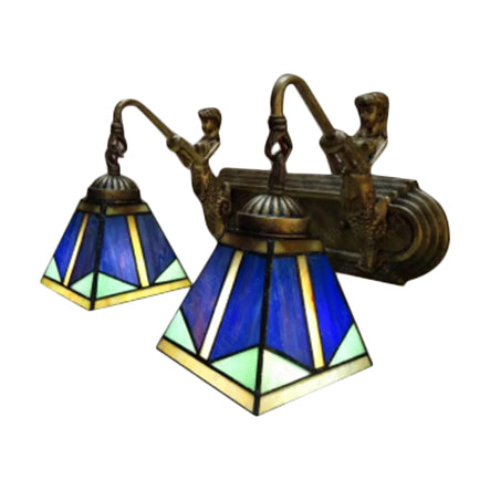 Pyramid Wall Light Fixture Tiffany Blue Glass 1 Head Antique Brass Sconce Lighting