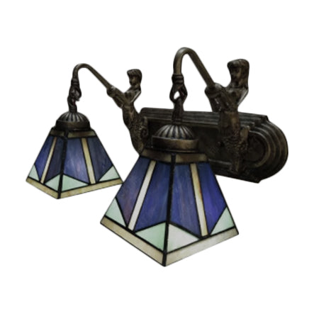 Pyramid Wall Light Fixture Tiffany Blue Glass 1 Head Antique Brass Sconce Lighting