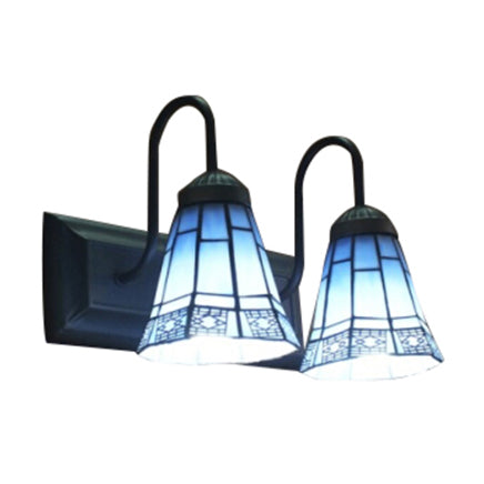 2 Head Living Room Wall Mount Light Tiffany Black Sconce Light with Flared Blue Glass Shade