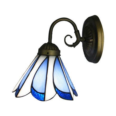Conical Restaurant Cafe Wall Light Glass 1 Head Tiffany Rustic Wall Light in Blue and White