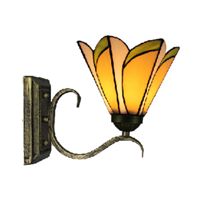 Yellow Conical Wall Light 1 Head Tiffany Stained Glass Wall Lamp in Antique Bronze for Study Room