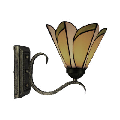 Yellow Conical Wall Light 1 Head Tiffany Stained Glass Wall Lamp in Antique Bronze for Study Room