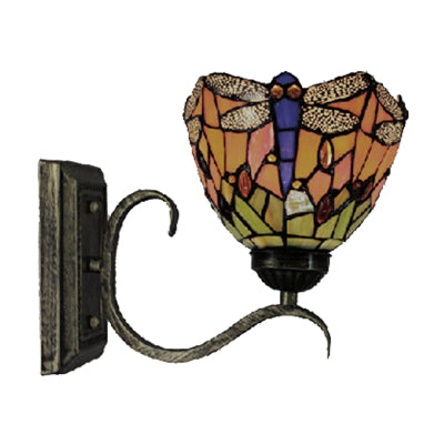 1 Light Dragonfly Wall Light Rustic Tiffany Stained Glass Wall Sconce in Orange for Library