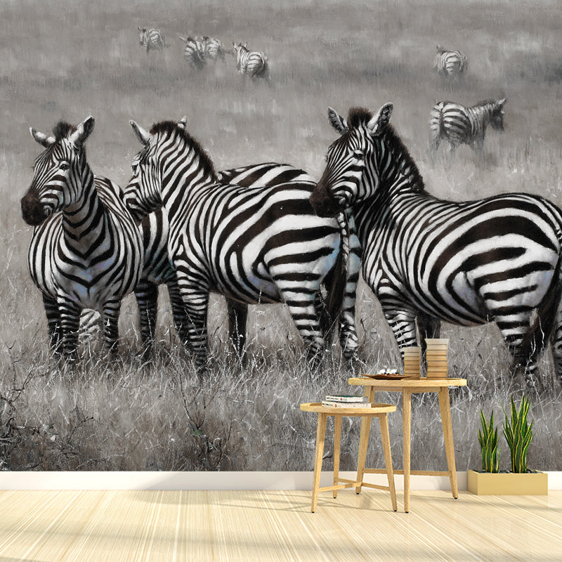Extra Large Zebra Mural for Home Decor Fantasy Grass Wall Covering in Black and White, Stain-Resistant