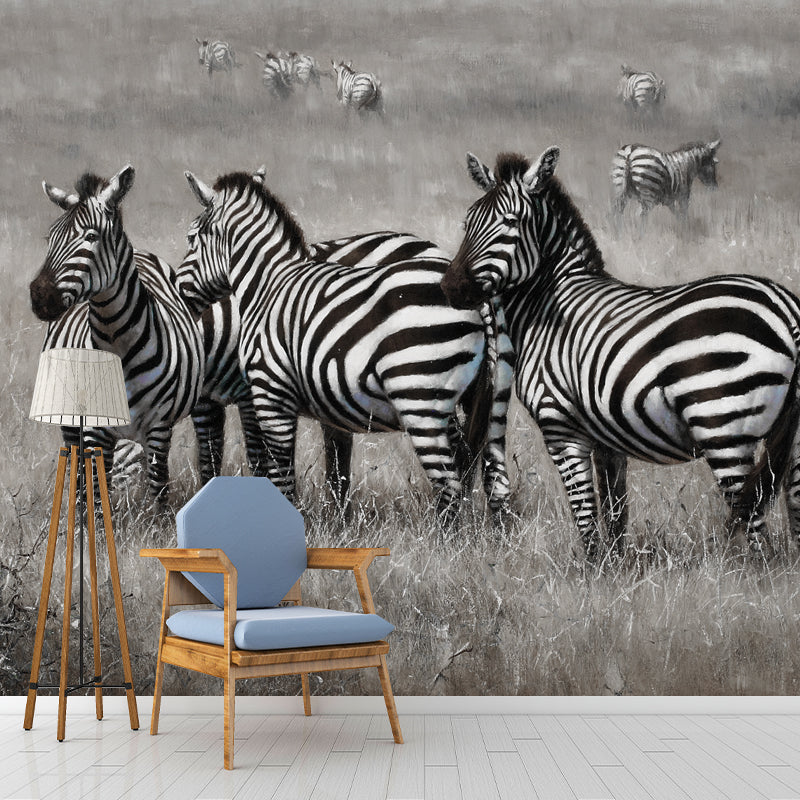 Extra Large Zebra Mural for Home Decor Fantasy Grass Wall Covering in Black and White, Stain-Resistant