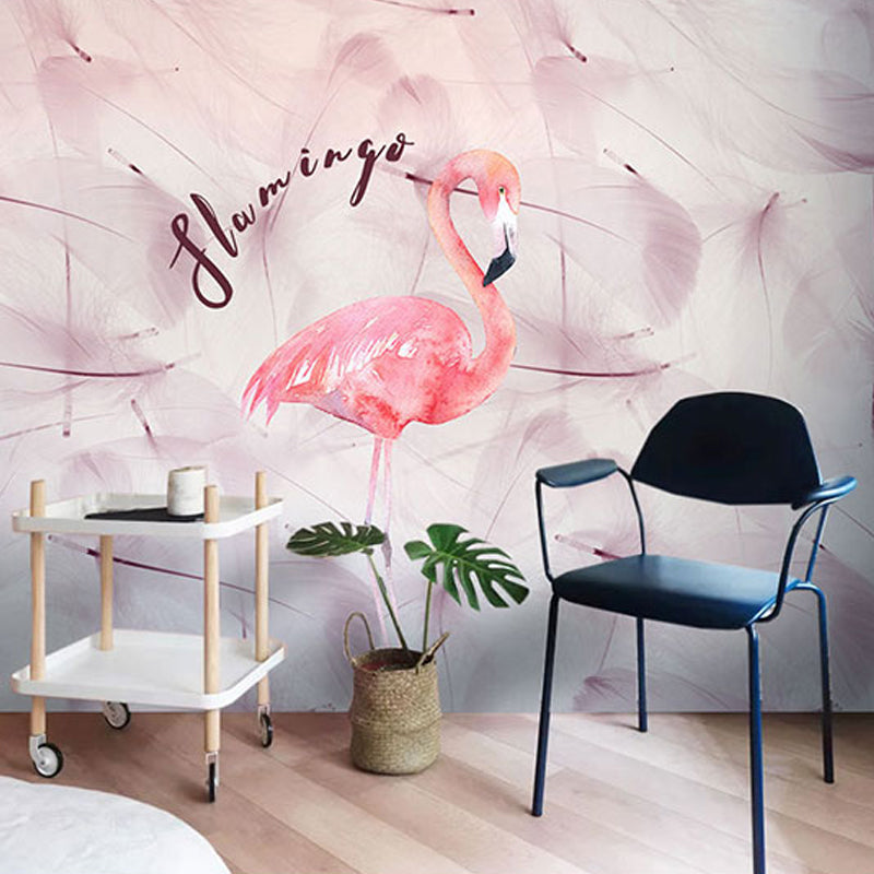 Water-Resistant Flamingo Wall Decor Customized Nordic Mural Wallpaper in Pink for Coffee Shop
