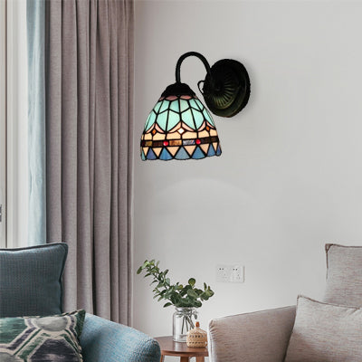 Stained Glass Domed Wall Light 1 Light Mediterranean Style Wall Lamp in Blue for Stair