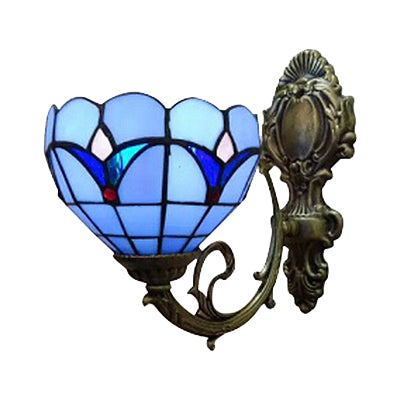 Foyer Bowl Shade Wall Light Stained Glass 1 Head Tiffany Wall Sconce in Blue Finish