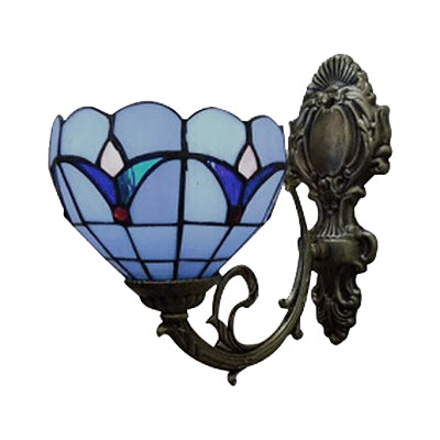 Foyer Bowl Shade Wall Light Stained Glass 1 Head Tiffany Wall Sconce in Blue Finish