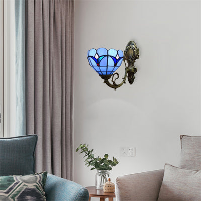 Foyer Bowl Shade Wall Light Stained Glass 1 Head Tiffany Wall Sconce in Blue Finish