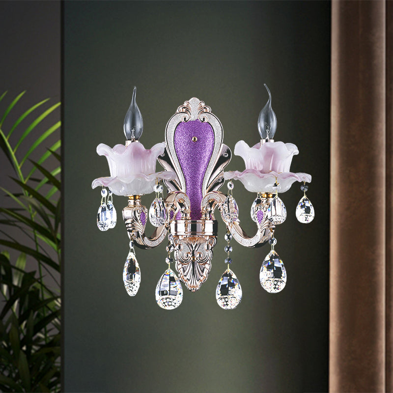 Luz de montaje de pared de candelabra morado 1/2 luces de jade jade luminidad con caída de cristal