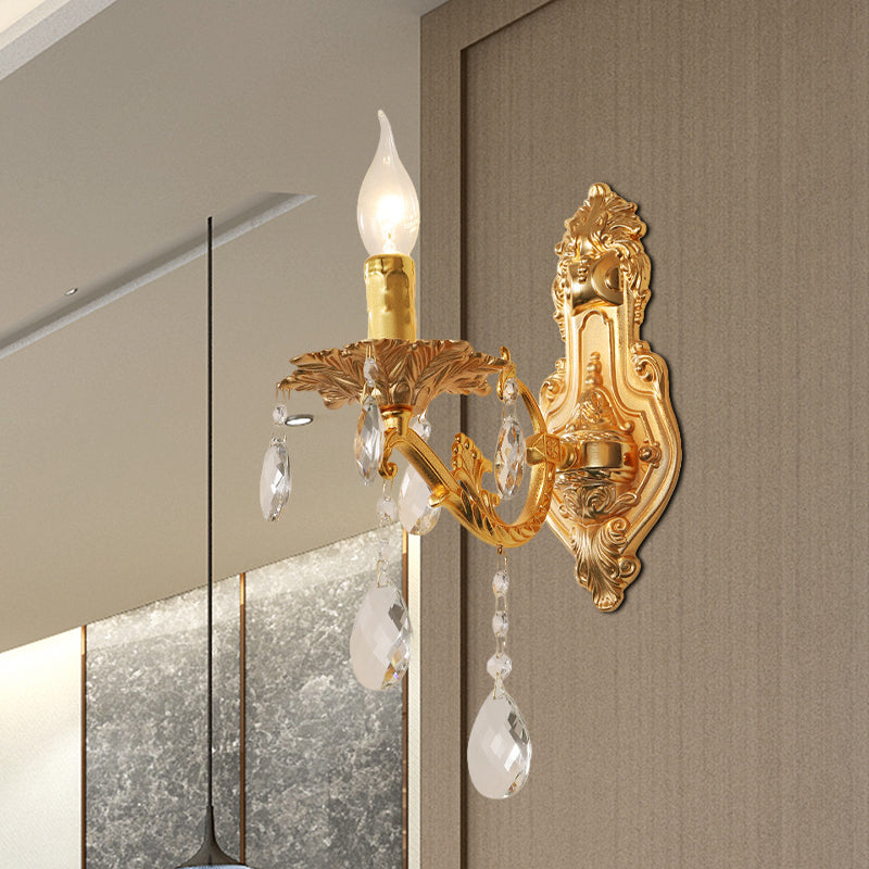Gold Candelabra Wall Light Sconce Modernism 1/2 Lights Metal Sconce Light with Crystal Drop