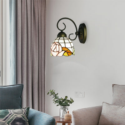 1 Head Sconce Light Victorian Dome Stained Glass Wall Light Fixture with Pink Rose Pattern