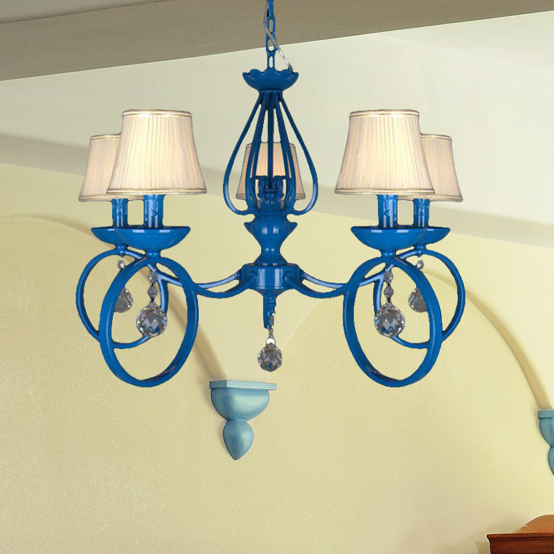 Fabric Cone de lampe pendentielle bleu 5/6/8 Lumières Classic Chandelier Lightture pour le salon avec drapage en cristal