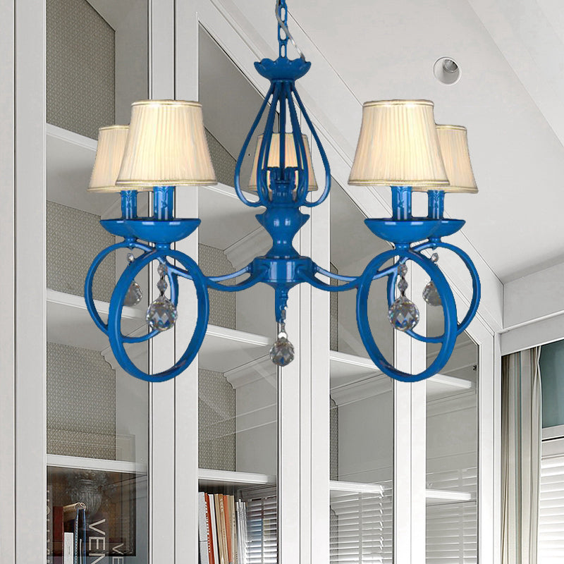 Fabric Cone de lampe pendentielle bleu 5/6/8 Lumières Classic Chandelier Lightture pour le salon avec drapage en cristal